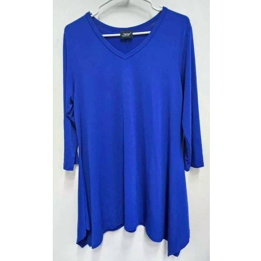 Jostar Lagenlook Tunic Top Womens large Blue Sharkbite Hem 3/4 Sleeve